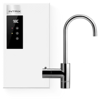 A modern white and black water dispenser with a digital display showing 98°C and a sleek chrome faucet attached.