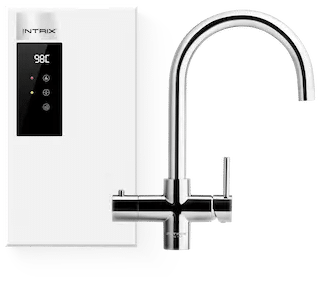 A modern chrome kitchen faucet with a digital water heater panel showing a temperature of 98°C.