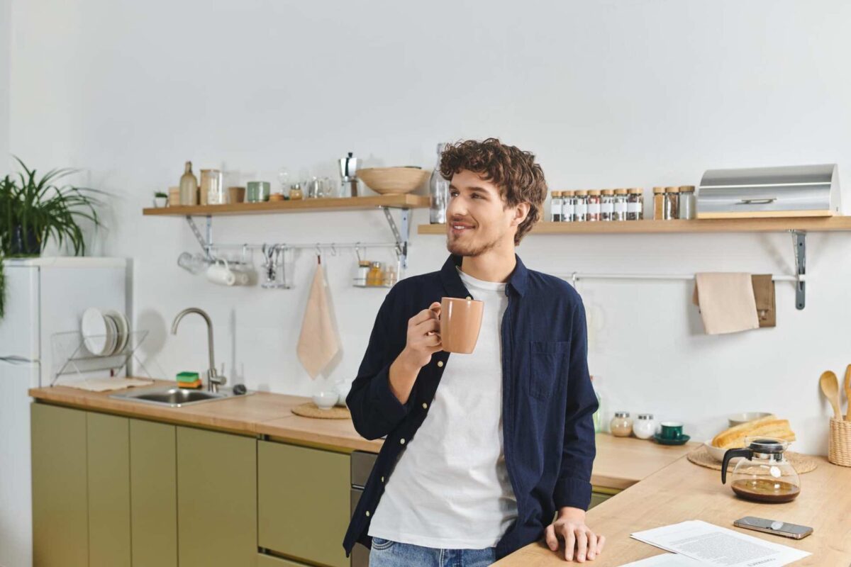 A man stands in a modern kitchen, holding a coffee mug made from instant water purifier installed in the small kitchen.