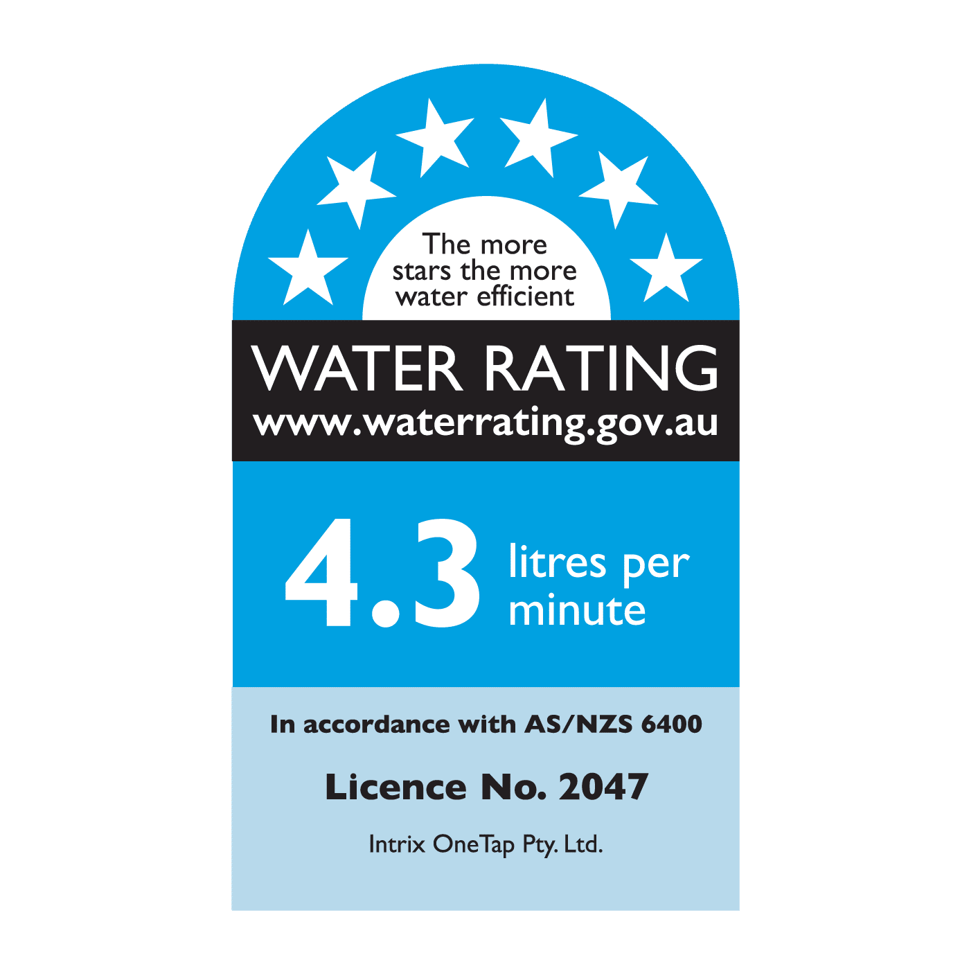 Water rating label showing a water efficiency of 4.3 litres per minute, with a rating guide indicating "The more stars the more water efficient." Contains website, compliance info, and license details.