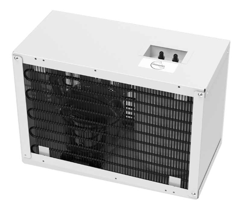 White refrigeration condensing unit with an exposed black coil and fan.