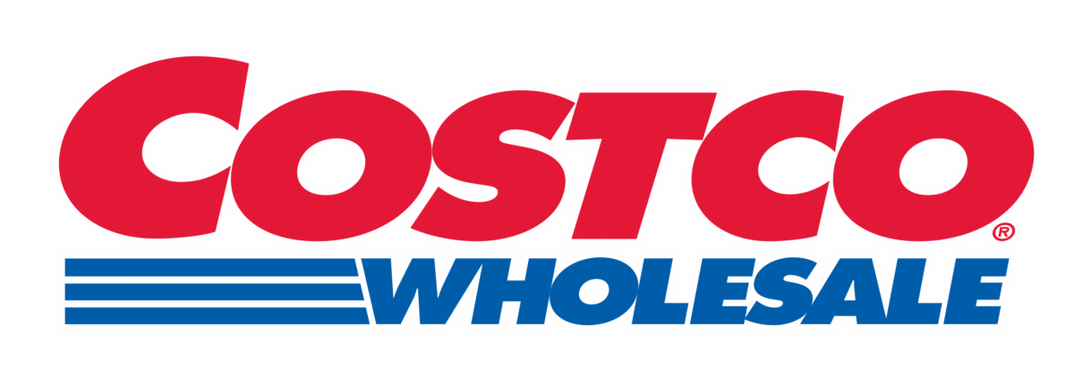 Costco Wholesale logo with "COSTCO" in bold red letters and "WHOLESALE" in blue beneath, with horizontal blue stripes to the left.