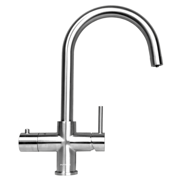 A chrome kitchen faucet with a high arc spout and a single side handle.