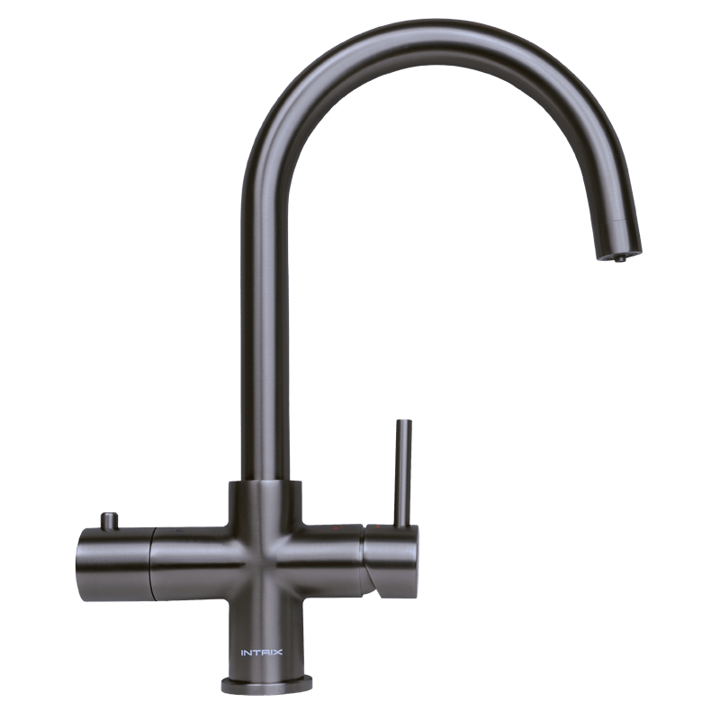 A modern black kitchen faucet with a high-arched spout and single-lever handle.