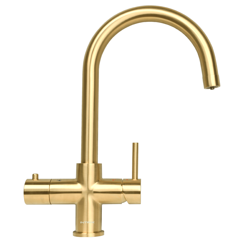 A golden kitchen faucet features a high arching spout and a lever handle on the side.