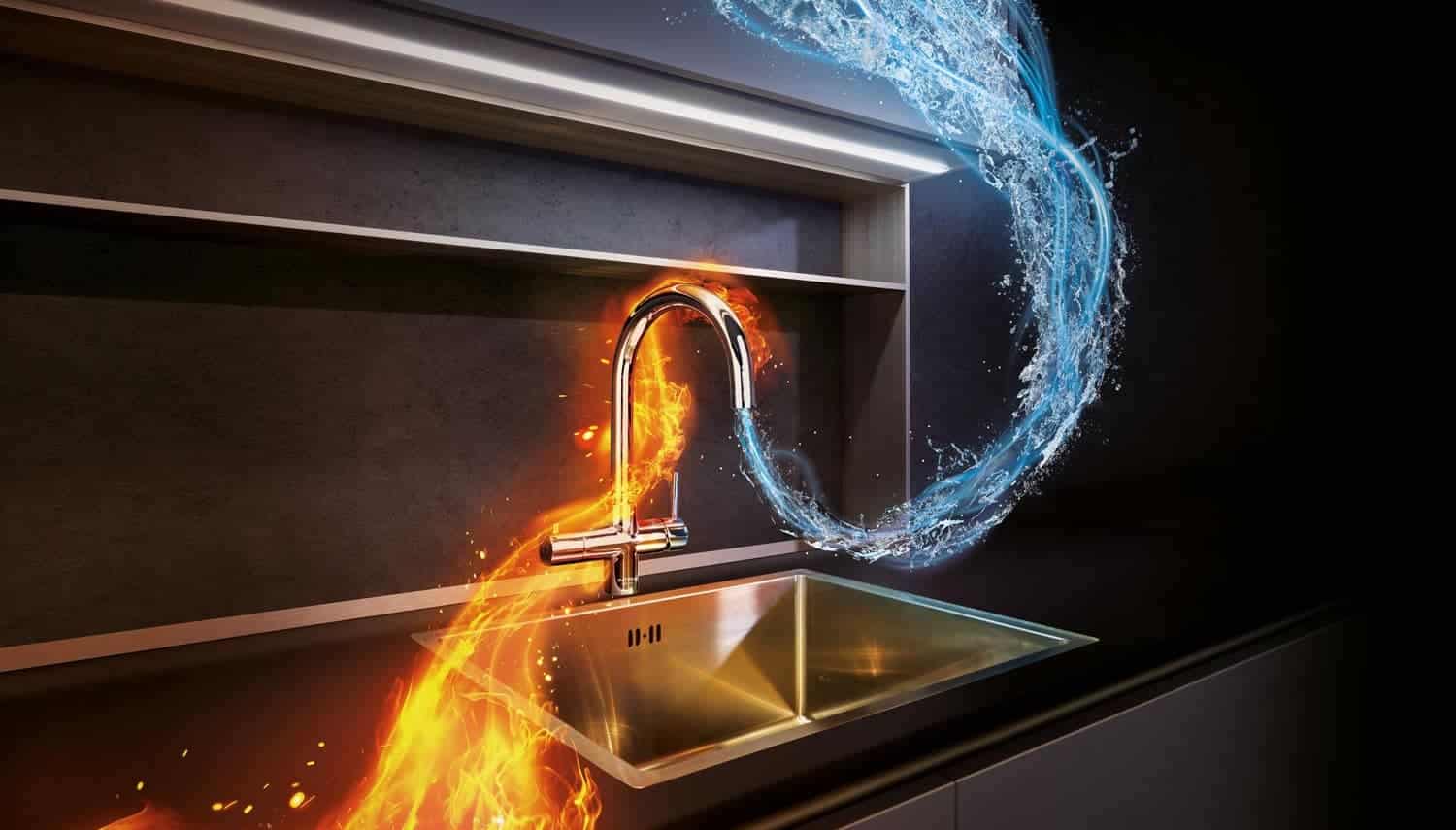 A kitchen sink with a fire coming out of it.