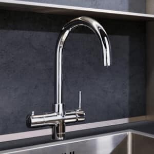 A stainless steel kitchen sink with a 4-in-1 Intrix One Tap faucet.