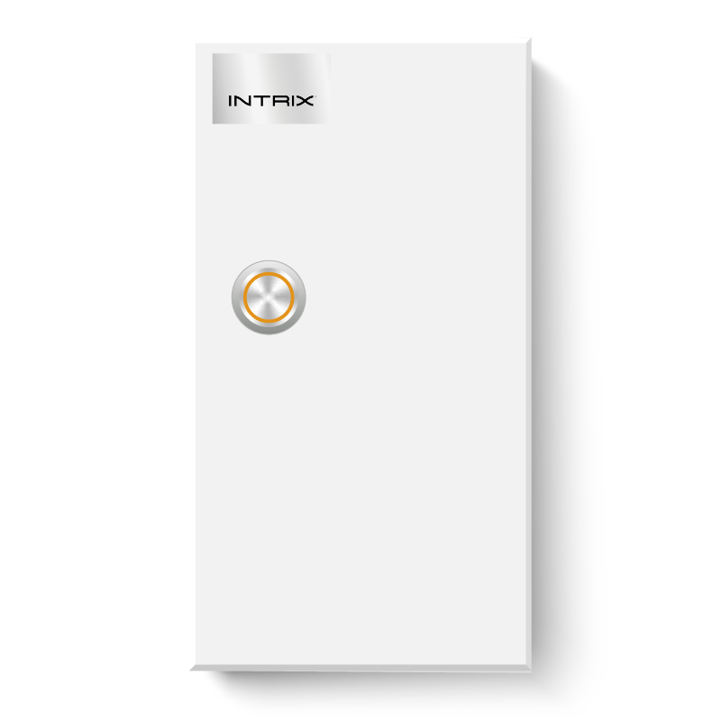 White rectangular device with a circular button and a logo that reads "INTRIX" at the top.