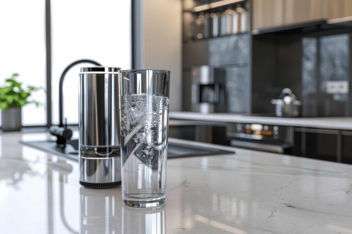 A glass of purified water with ice cubes sits on a modern kitchen countertop next to a water filtration system and sink.