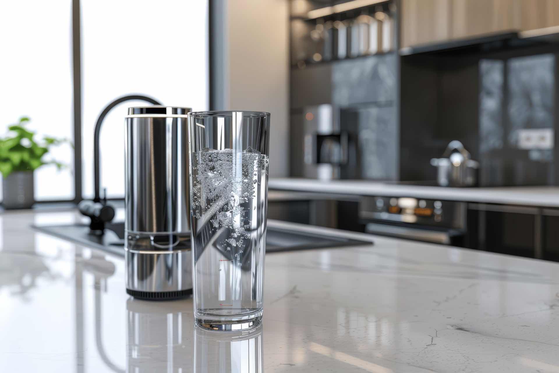 A glass of purified water with ice cubes sits on a modern kitchen countertop next to a water filtration system and sink.
