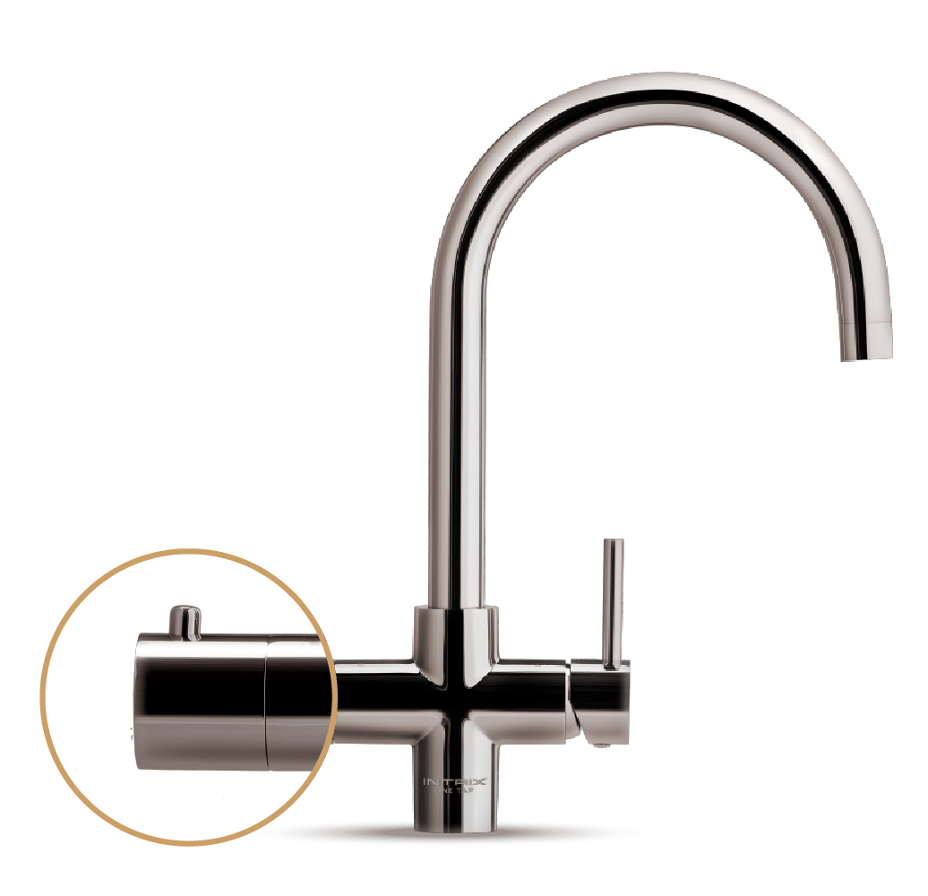 An image of a kitchen faucet with a chrome finish.