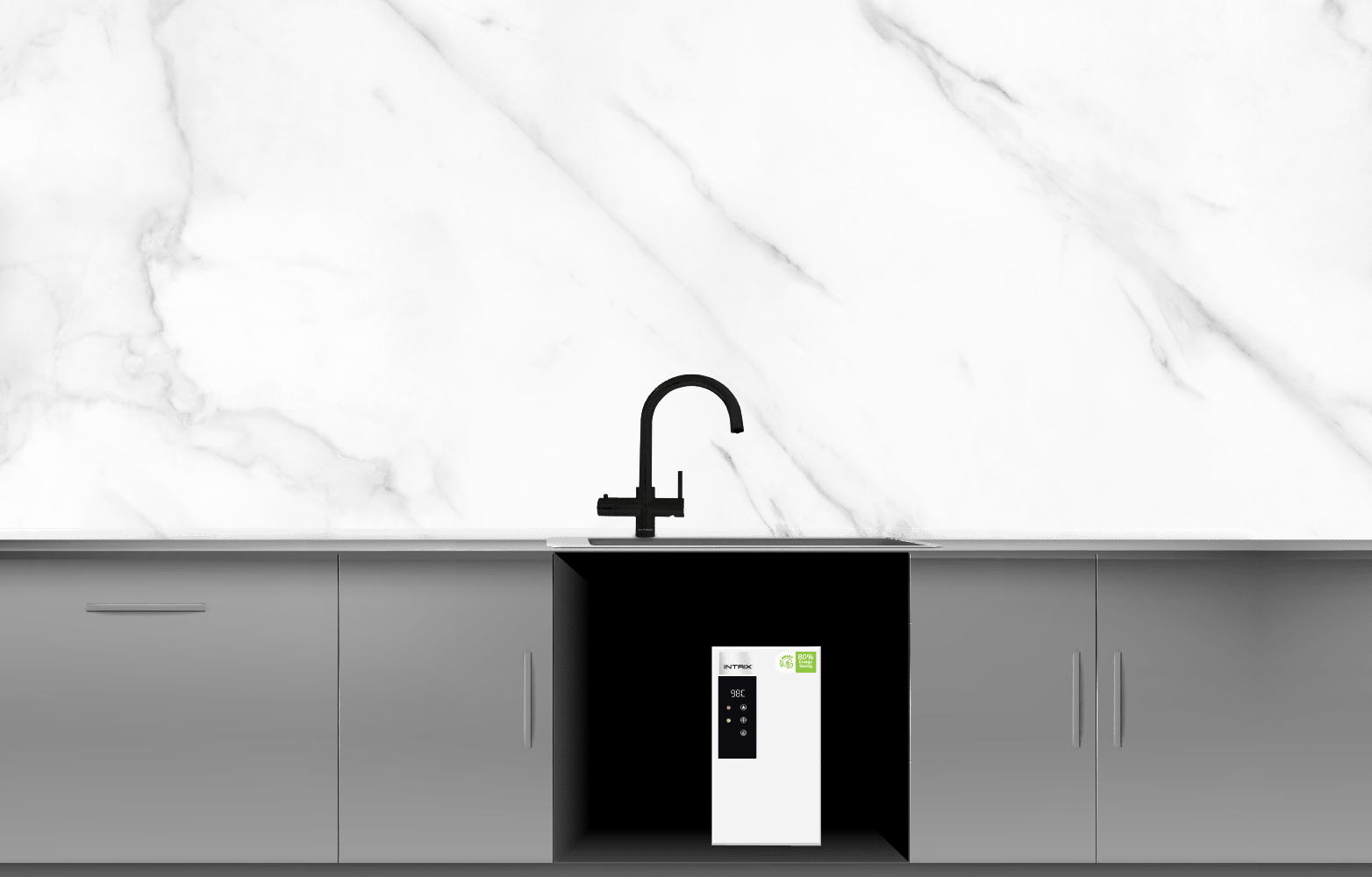 A black and white kitchen with a marble counter top.