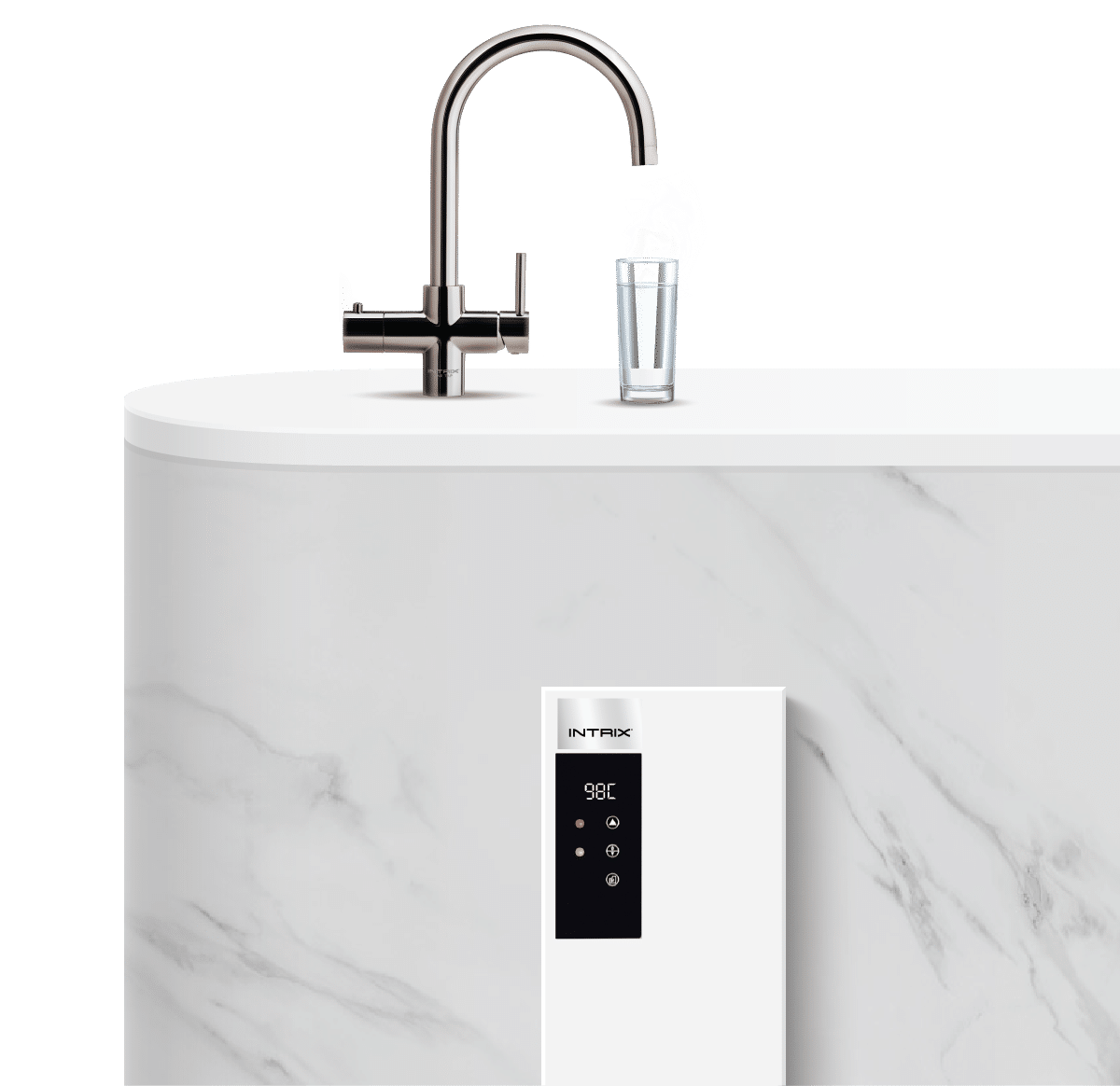 A white kitchen bench top with Intrix One Tap faucet and a water heater unit.