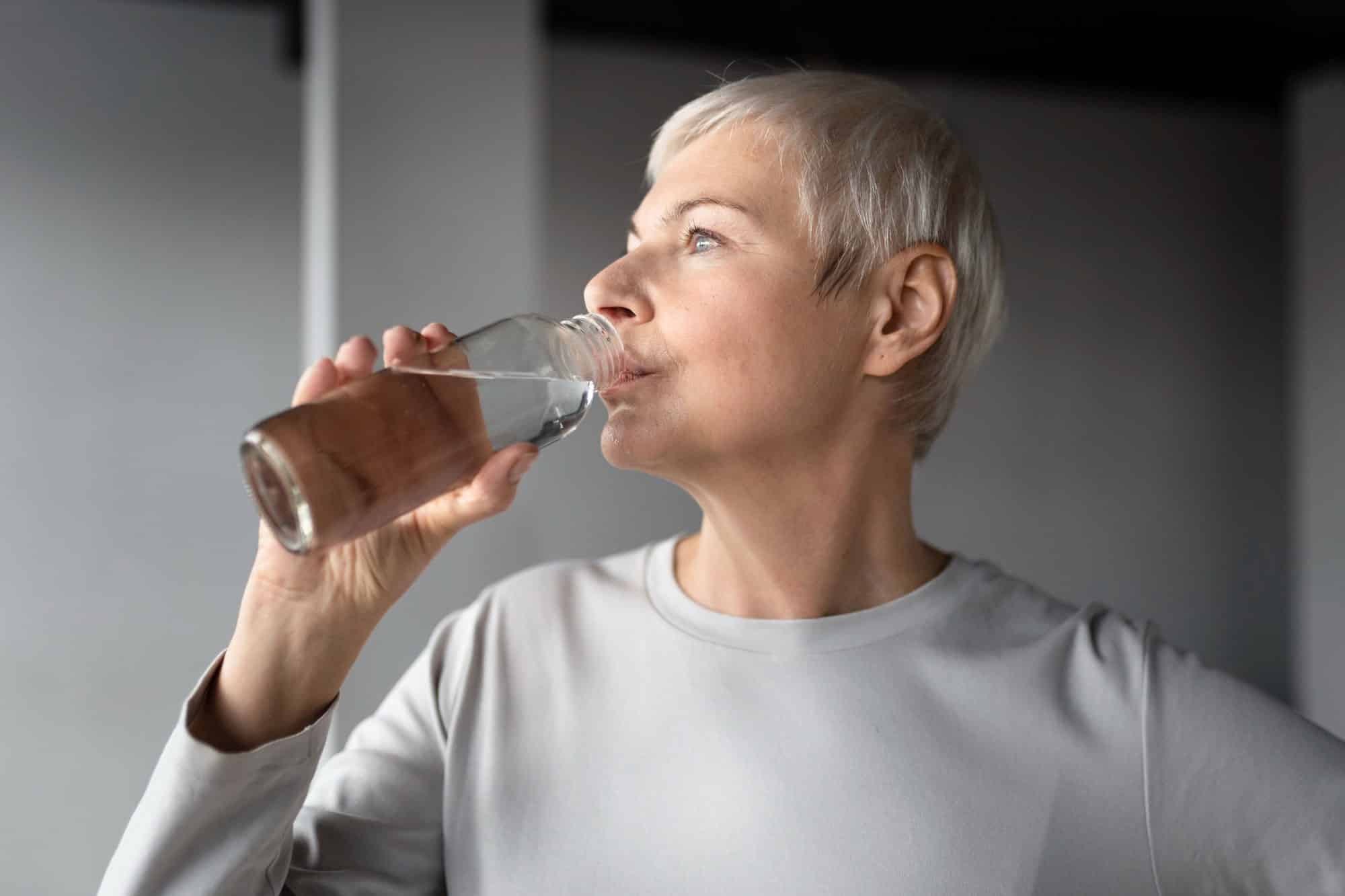 An older woman with short gray hair drinks water from a glass while standing indoors, wearing a light-colored shirt.