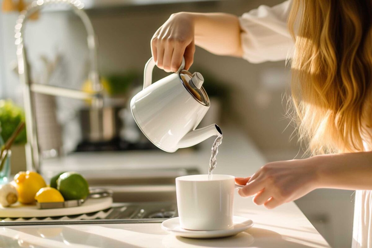 A person pours purified hot water from a white teapot onto a white cup using titanium core system water filtering system.